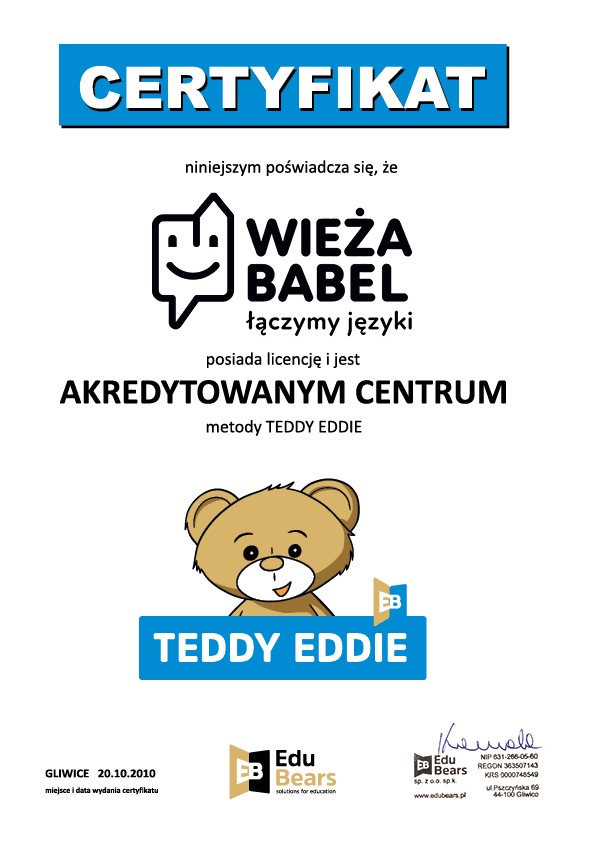 Certyfikat Akredytowane Centrum Metody Teddy Eddie